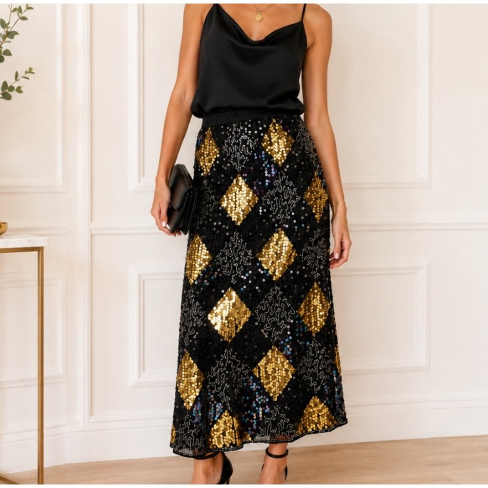 Vtg Spellbound Silk Sequin Midi Skirt Harlequin Diamond Black Gold Evening USA